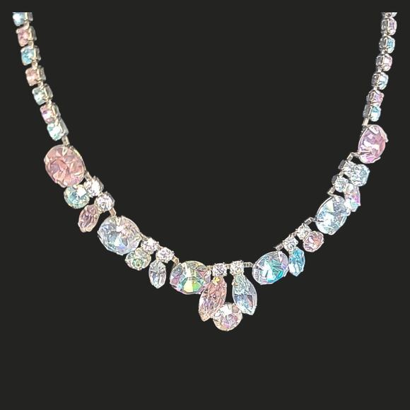 Vintage Weiss Signed Aurora Borealis Rhinestone Statement Necklace Blue Purple - Picture 10 of 10